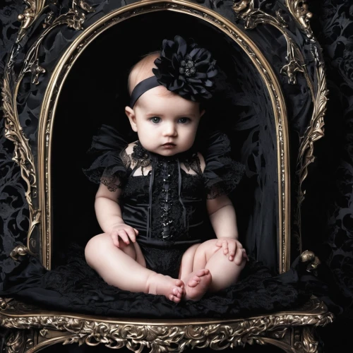 gothic portrait,doll looking in mirror,child portrait,newborn photo shoot,gothic fashion,baby frame,newborn photography,gothic style,little princess,babies accessories,crystal ball-photography,portrait photographers,infant bodysuit,infant,vintage doll,child model,gothic woman,portrait photography,cute baby,gothic dress,Illustration,Realistic Fantasy,Realistic Fantasy 46