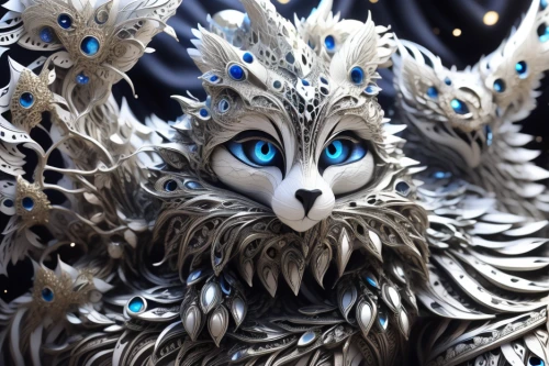 garuda,masquerade,fractalius,forest king lion,ice queen,suit of the snow maiden,paper art,puli,silver,kitsune,royal tiger,the snow queen,tundra,winterblueher,intricate,hoarfrost,ornate,raven sculpture,png sculpture,sentinel