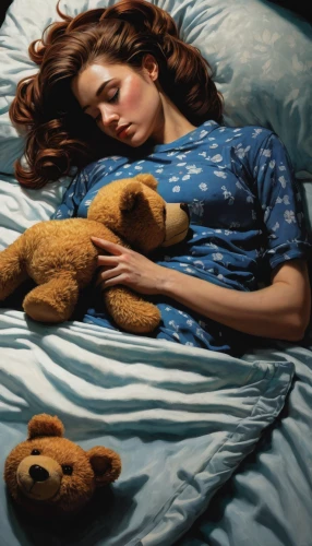 woman on bed,girl in bed,blue pillow,teddy-bear,teddies,teddy bears,teddy bear,sleeping bear,sleeping,the girl in nightie,teddybear,david bates,oil painting on canvas,sleep,cuddly toys,insomnia,teddy,stuffed animals,cloves schwindl inge,unconscious,Illustration,American Style,American Style 08