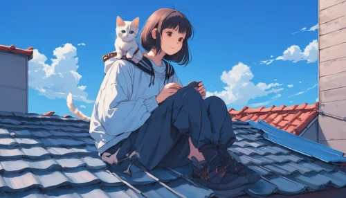 roofs,roof landscape,roof,girl with dog,on the roof,rooftops,akita inu,house roofs,rooftop,sky,house roof,boy and dog,blue sky,kitsune,girl sitting,howl,hinata,roofer,roof top,tiled roof,Illustration,Japanese style,Japanese Style 13