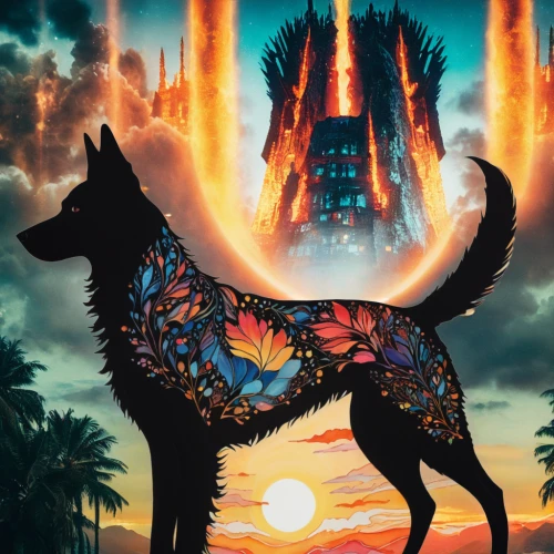 howl,kelpie,posavac hound,sci fiction illustration,totem,dog illustration,howling wolf,mystery book cover,laika,pariah dog,gsd,burning man,apocalyptic,wolves,beauceron,australian kelpie,smaland hound,color dogs,thai bangkaew dog,fantasy picture