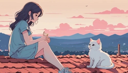 girl with dog,cat's cafe,stray cat,rooftop,rooftops,summer evening,ritriver and the cat,cat drinking tea,girl sitting,picnic,dog and cat,stray,dog illustration,studio ghibli,on the roof,pastel colors,howl,kitsune,daydream,two cats,Illustration,Japanese style,Japanese Style 06