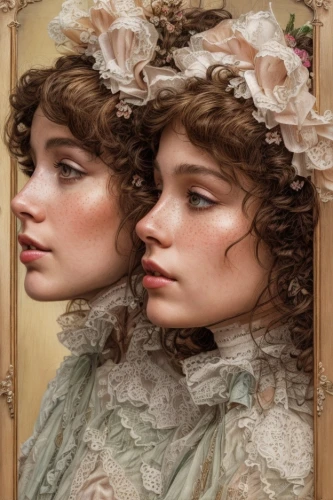 victorian lady,doll looking in mirror,vintage makeup,the victorian era,victorian style,joint dolls,victorian fashion,vintage lace,vintage woman,vintage doll,retouching,jane austen,porcelain dolls,rococo,doll's facial features,mirror image,vintage women,lace border,portrait of a girl,lace borders,Common,Common,Natural