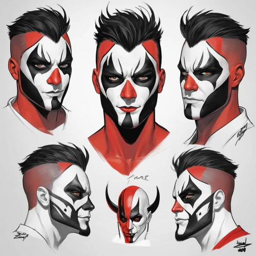 wolverine,male mask killer,sting,comic character,red hood,mohawk hairstyle,x men,concept art,face paint,faces,halloween masks,graves,punk design,greater crimson glider,concepts,comic characters,joker,harley,facial expressions,x-men,Unique,Design,Character Design
