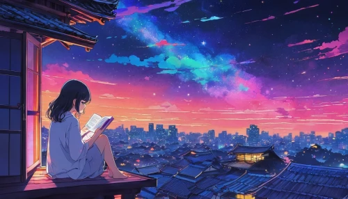 night sky,falling stars,the night sky,starry sky,nightsky,stargazing,tobacco the last starry sky,薄雲,dream world,sky apartment,night stars,falling star,universe,芦ﾉ湖,above the city,star sky,sky,rooftops,city lights,starlight,Illustration,Japanese style,Japanese Style 04