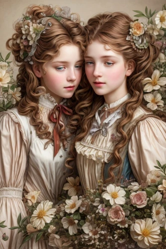 porcelain dolls,joint dolls,two girls,mirror image,twin flowers,young women,doll looking in mirror,vintage fairies,little girls,mirror in the meadow,victorian style,florists,vintage girls,children girls,noble roses,kate greenaway,rosebushes,gothic portrait,mirror reflection,wreath of flowers,Common,Common,Natural