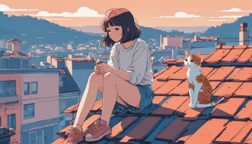 rooftops,rooftop,roofs,on the roof,paris balcony,roof landscape,watercolor paris balcony,roof top,girl sitting,summer evening,above the city,roof,girl studying,city ​​portrait,summer day,daydream,french digital background,atmosphere,shirakami-sanchi,smoking girl,Illustration,Japanese style,Japanese Style 06