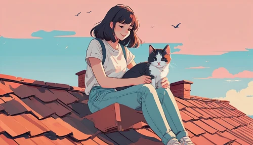 girl with dog,boy and dog,dog illustration,cat mom,companion dog,pets,roofs,rooftops,stray cat,home pet,roof landscape,puppy pet,pet,on the roof,cat child,worried girl,roof,dog and cat,housetop,companion,Illustration,Japanese style,Japanese Style 06