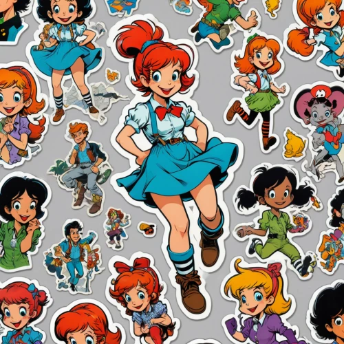 sewing pattern girls,retro cartoon people,redheads,clipart sticker,paper dolls,retro paper doll,stickers,patches,kawaii patches,pumuckl,girl scouts of the usa,cartoon people,recess,fairy tale icons,pippi longstocking,rockabella,colored pins,icon set,cute cartoon character,chibi kids,Unique,Design,Sticker