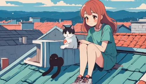 on the roof,rooftop,rooftops,roofs,girl with dog,roof top,roof landscape,cat's cafe,roof,studio ghibli,watercolor paris balcony,paris balcony,camera illustration,chimney,girl sitting,housetop,house roofs,sky apartment,shirakami-sanchi,stray cat,Illustration,Japanese style,Japanese Style 06