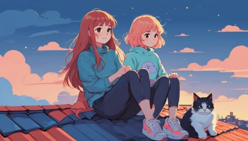 on the roof,rooftops,rooftop,roofs,roof top,roof,two girls,childhood friends,hiyayakko,stargazing,roof landscape,trainers,studio ghibli,sky,summer sky,sky apartment,residents,autumn sky,summer evening,house roofs,Illustration,Japanese style,Japanese Style 06