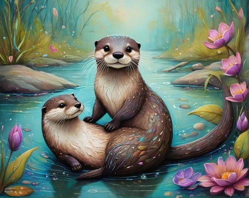 otters,otter,otter baby,otterbaby,mustelidae,north american river otter,ferret,whimsical animals,aquatic mammal,polecat,meerkats,coatimundi,anthropomorphized animals,aquarium inhabitants,cute animals,raccoons,lilo,springtime background,mammals,pygmy sloth,Illustration,Abstract Fantasy,Abstract Fantasy 10