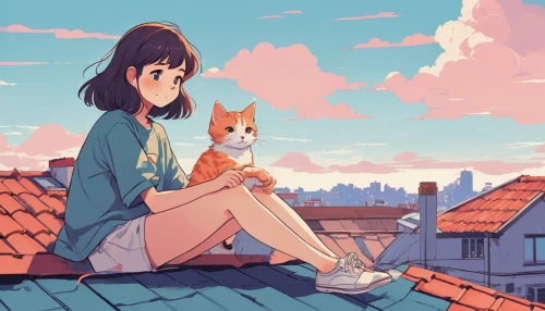 girl with dog,rooftops,pastel colors,on the roof,roof landscape,dog and cat,roofs,rooftop,cat's cafe,stray cat,cat lovers,ritriver and the cat,cat mom,soft pastel,boy and dog,summer sky,summer evening,studio ghibli,daydream,pastel,Illustration,Japanese style,Japanese Style 06