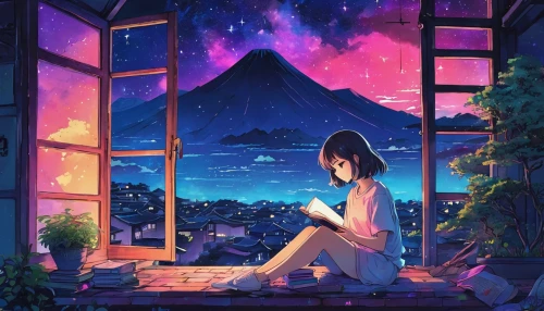 stargazing,night sky,colorful stars,clear night,starry sky,falling stars,window to the world,dream world,the night sky,summer evening,nightsky,bedroom window,night stars,dusk background,window,starry,roof landscape,nightscape,himuto,starlight,Illustration,Japanese style,Japanese Style 04