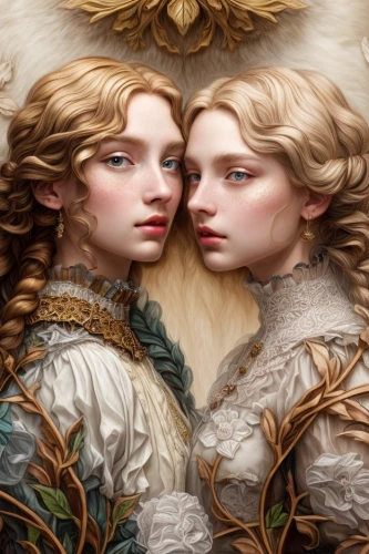 two girls,joint dolls,fantasy portrait,mirror image,suit of the snow maiden,gothic portrait,the three graces,fantasy art,faery,fairytale characters,porcelain dolls,mother and daughter,fairy tale icons,gemini,children's fairy tale,vintage fairies,capricorn mother and child,golden wreath,fairy tale,fairy tales,Common,Common,Natural