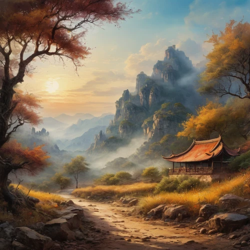 fantasy landscape,landscape background,mountain landscape,mountain scene,autumn landscape,world digital painting,mountainous landscape,autumn mountains,rural landscape,fantasy picture,home landscape,japan landscape,autumn background,autumn scenery,chinese art,mount scenery,forest landscape,oriental painting,yunnan,mountain settlement,Photography,General,Natural