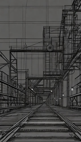 wireframe graphics,wireframe,industrial landscape,frame drawing,mono-line line art,industrial tubes,industrial,industrial hall,industrial plant,industrial area,empty factory,industrial ruin,blueprints,vanishing point,mono line art,conductor tracks,railtrack,railroads,technical drawing,lines,Art sketch,Art sketch,None