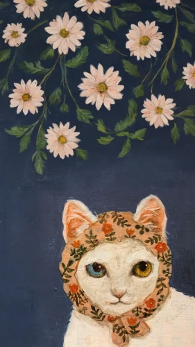 flower cat,vintage cat,calico cat,flower animal,cat portrait,white cat,vintage cats,chinese pastoral cat,cat on a blue background,the cat,siamese cat,domestic cat,feline,cat's eyes,cat,tabby cat,ox-eye daisy,flower painting,watercolor cat,cat sparrow