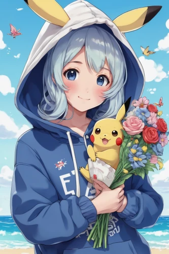 piko,pikachu,pokémon,pokemon,pika,pixaba,navi,hoodie,honolulu,holding flowers,beach background,toori,seaside daisy,summer background,pokemon go,would a background,cyan,easter theme,ferry,flower hat,Illustration,Realistic Fantasy,Realistic Fantasy 19