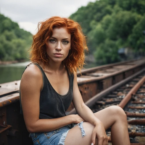 girl on the river,the girl at the station,railroad,jena,redhair,red-haired,red heart on railway,girl in t-shirt,sofia,red head,rail track,railroad track,train,rail road,young woman,railway,nora,greta oto,red hair,girl on the boat,Photography,General,Cinematic