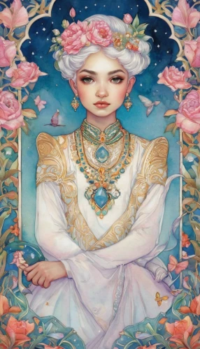 amano,rosa ' amber cover,oriental princess,fantasy portrait,eglantine,white rose snow queen,flower fairy,tuberose,peony frame,zodiac sign libra,spring crown,jasmine blossom,culture rose,pearl border,hanbok,sky rose,bridal,priestess,the snow queen,peony,Illustration,Abstract Fantasy,Abstract Fantasy 11