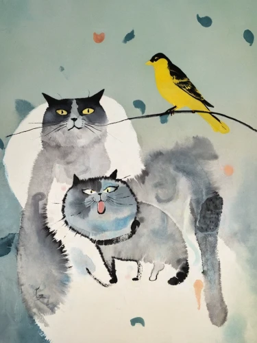 bird couple,bird painting,two cats,watercolor cat,vintage cats,whimsical animals,cat sparrow,cat lovers,two pigeons,magpie cat,blue birds and blossom,cat family,ritriver and the cat,cat's cafe,cat and mouse,sooty chat,birds with heart,pet portrait,birds love,cat on a blue background