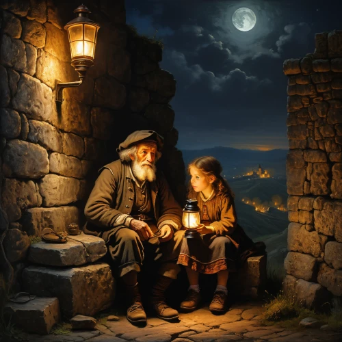 romantic scene,old couple,romantic night,night scene,oil painting on canvas,lamplighter,oil painting,children studying,romantic portrait,pilgrims,little boy and girl,art painting,conversation,fantasy picture,candlemas,father with child,girl and boy outdoor,candle light,world digital painting,guiding light,Art,Classical Oil Painting,Classical Oil Painting 42