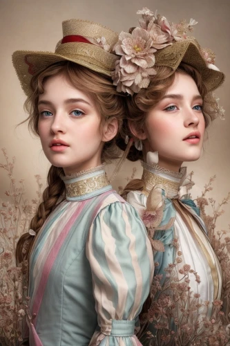 victorian fashion,victorian style,two girls,victorian lady,the victorian era,joint dolls,vintage boy and girl,vintage girls,porcelain dolls,vintage man and woman,victorian,fantasy portrait,young women,vintage women,twin flowers,women's novels,portrait background,game illustration,jane austen,romantic portrait,Common,Common,Natural