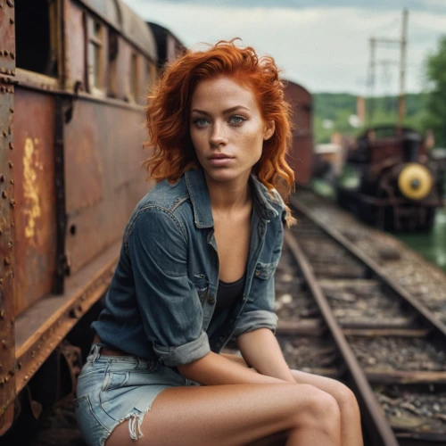 the girl at the station,railroad,train,red heart on railway,rail road,railroad car,locomotive,railroad track,railway,redhair,railroad crossing,railtrack,rail track,diesel locomotive,the train,freight locomotive,redheads,red head,old train,wooden train,Photography,General,Cinematic