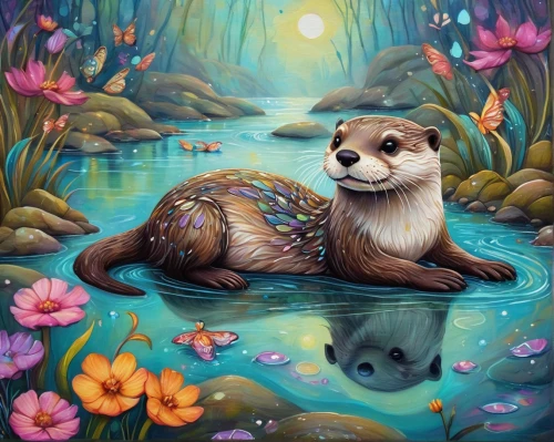 otterbaby,otter,otters,sea otter,otter baby,pygmy sloth,aquatic mammal,north american river otter,lake tanuki,marine mammal,whimsical animals,hedgehog,ferret,springtime background,muskrat,nutria,polecat,raccoon,nutria-young,dog in the water,Illustration,Abstract Fantasy,Abstract Fantasy 10