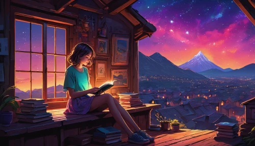 girl studying,fantasy picture,sci fiction illustration,reading,astronomer,dream world,writing-book,relaxing reading,little girl reading,read a book,evening atmosphere,summer evening,world digital painting,fantasy art,stargazing,romantic night,starlight,cg artwork,starry sky,magic book,Photography,General,Natural