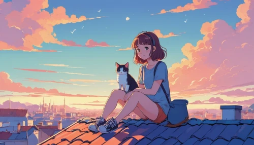 rooftop,rooftops,summer sky,on the roof,roof top,roof landscape,summer evening,roofs,daydream,roof,sky apartment,summer day,sky,sunset,summer,daybreak,bubble tea,cell phone,blue sky,yellow sky,Illustration,Japanese style,Japanese Style 06