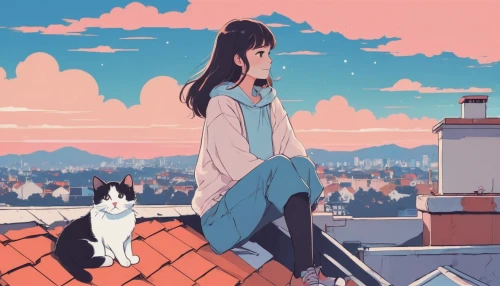 girl with dog,on the roof,rooftop,roof landscape,rooftops,shirakami-sanchi,sakura background,akita,白斩鸡,clouds - sky,sky,mulan,akita inu,kyoto,japanese bobtail,roofs,anime japanese clothing,ritriver and the cat,roof,would a background,Illustration,Japanese style,Japanese Style 06