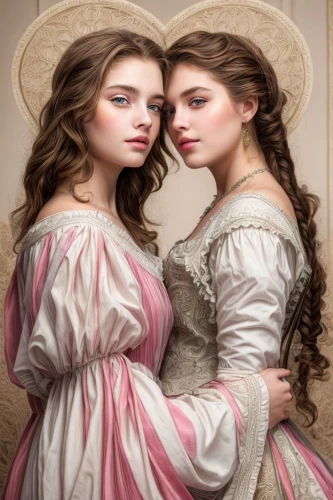 two girls,romantic portrait,mother and daughter,young women,sisters,porcelain dolls,gothic portrait,joint dolls,mirror image,victorian fashion,renaissance,the victorian era,victorian style,beautiful photo girls,portrait photographers,young couple,mom and daughter,wedding dresses,retouching,beautiful women,Common,Common,Natural