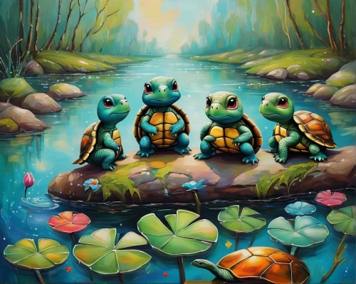 frog gathering,turtles,amphibians,frogs,tree frogs,oil painting on canvas,kawaii frogs,teenage mutant ninja turtles,frog background,tortoises,stacked turtles,water-leaf family,oil painting,oil on canvas,turtle pattern,tropical animals,aquarium inhabitants,frog through,pedalos,whimsical animals,Illustration,Abstract Fantasy,Abstract Fantasy 10