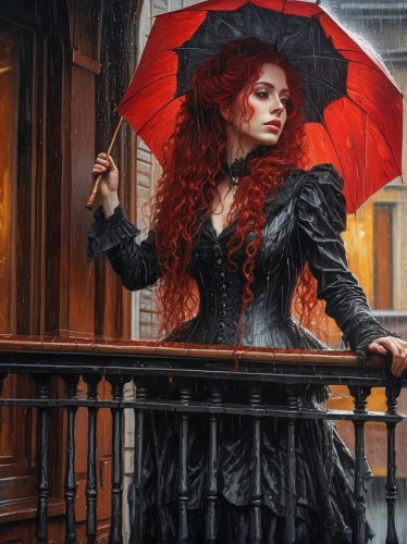 red rose in rain,victorian lady,gothic fashion,gothic woman,victorian style,the carnival of venice,gothic portrait,red coat,steampunk,victorian fashion,queen of hearts,umbrella,redhead doll,gothic dress,lady in red,gothic style,in the rain,red-haired,parasol,walking in the rain,Conceptual Art,Oil color,Oil Color 06
