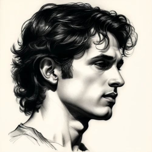 ayrton senna,curls,digital painting,digital drawing,moody portrait,digital artwork,digital art,lokportrait,greek god,vector art,charcoal pencil,semi-profile,discobolus,raphael,digital illustration,joseph,curl,mick,man portraits,male poses for drawing,Illustration,Black and White,Black and White 35