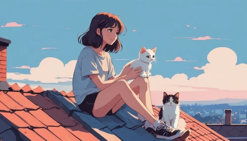 cat's cafe,stray cat,cat lovers,girl with dog,ritriver and the cat,on the roof,rooftops,cat mom,roofs,rooftop,roof landscape,two cats,girl sitting,dog and cat,pets,cat frame,studio ghibli,summer sky,japanese bobtail,street cat,Illustration,Japanese style,Japanese Style 06