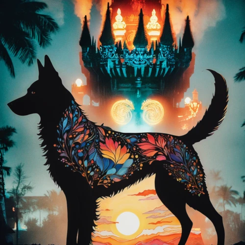 travel poster,color dogs,dog illustration,howl,canidae,totem,temples,laika,kelpie,german shepards,howling wolf,thai bangkaew dog,mystery book cover,animal kingdom,indian dog,posavac hound,fox theatre,totem animal,southwestern,gsd