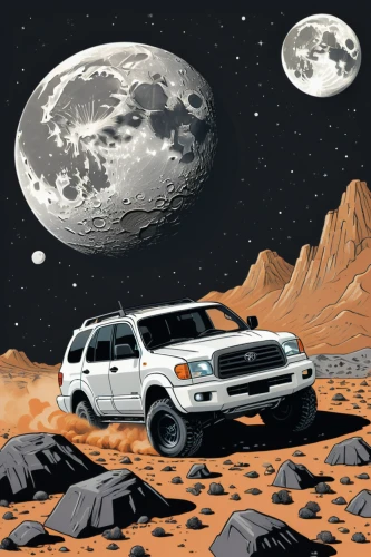 moon car,moon rover,moon vehicle,mission to mars,plymouth voyager,ford expedition,mars rover,mercury mariner,land rover discovery,tranquility base,ford explorer,ford bronco,moon landing,lunar prospector,4 runner,space voyage,sci fiction illustration,ford explorer sport trac,moon valley,mars probe,Illustration,Vector,Vector 06