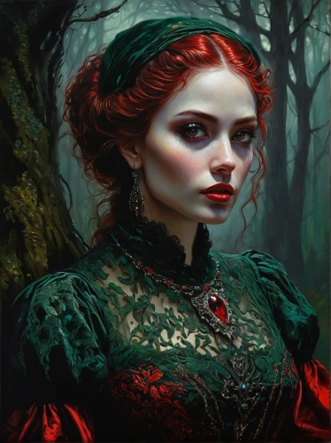 gothic portrait,gothic woman,fantasy portrait,vampire woman,red riding hood,vampire lady,victorian lady,mystical portrait of a girl,the enchantress,fantasy art,little red riding hood,redhead doll,poison ivy,romantic portrait,sorceress,fantasy picture,queen of hearts,gothic fashion,faery,rusalka,Conceptual Art,Oil color,Oil Color 06