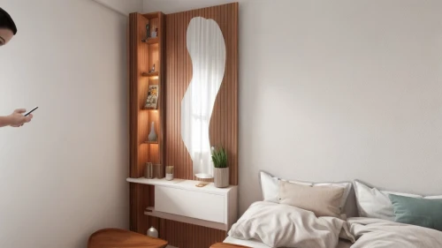 smart home,room divider,smarthome,home automation,wall lamp,modern room,smart house,search interior solutions,wood mirror,modern decor,woman holding a smartphone,guest room,alarm device,sliding door,wall plaster,wooden wall,guestroom,smoke alarm system,google-home-mini,hanging lamp,Interior Design,Bedroom,Modern,None