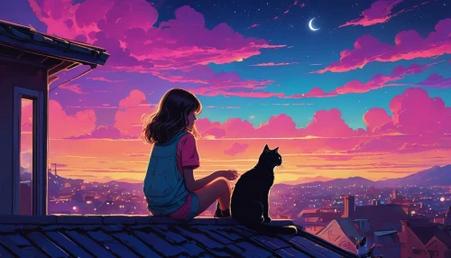 rooftops,roof landscape,roofs,rooftop,on the roof,evening atmosphere,girl with dog,summer evening,night sky,in the evening,dream world,dusk,twilight,pink dawn,nightsky,night scene,stargazing,falling stars,above the city,dusk background