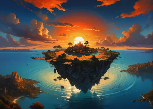 floating island,fantasy landscape,an island far away landscape,world digital painting,island suspended,coast sunset,floating islands,islet,island,flying island,mushroom island,landscape background,fantasy picture,the island,sea landscape,island of fyn,islands,eventide,volcanic landscape,coastal landscape,Conceptual Art,Oil color,Oil Color 04