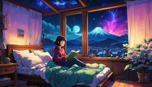 stargazing,dream world,starry sky,falling stars,fantasy picture,the night sky,night sky,dreaming,bedroom window,astronomer,nightsky,colorful stars,rainbow and stars,room,blue room,clear night,romantic night,winter dream,falling star,dreams catcher,Illustration,Japanese style,Japanese Style 05