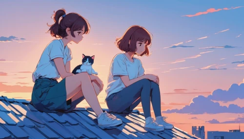 two girls,summer evening,summer sky,rooftop,studio ghibli,rooftops,daydream,euphonium,on the roof,blue sky,chatting,summer day,study,together,in the evening,listening,two cats,childhood friends,anime cartoon,girl sitting,Illustration,Japanese style,Japanese Style 06