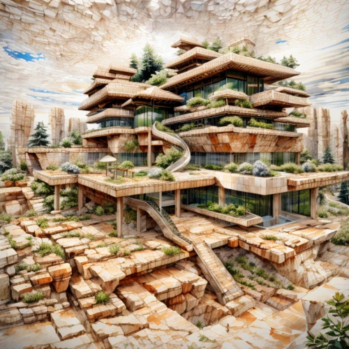 eco-construction,terraforming,eco hotel,genesis land in jerusalem,futuristic landscape,futuristic architecture,maya civilization,permaculture,artificial island,ancient city,building valley,barangaroo,floating islands,solar cell base,chinese architecture,archidaily,kirrarchitecture,asian architecture,biome,ecological sustainable development