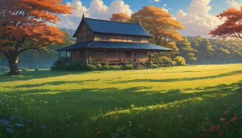 home landscape,studio ghibli,autumn morning,lonely house,meadow landscape,one autumn afternoon,autumn landscape,summer cottage,little house,autumn idyll,autumn scenery,summer meadow,house in the forest,landscape background,autumn background,autumn day,small house,rural landscape,cottage,wooden house,Photography,General,Natural