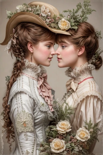 two girls,romantic portrait,young women,young couple,florists,victorian fashion,vintage flowers,floral wreath,victorian style,floral greeting,the victorian era,garden roses,vintage girls,wreath of flowers,twin flowers,vintage fairies,holding flowers,vintage female portrait,courtship,victorian lady,Common,Common,Natural