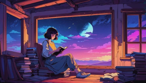 girl studying,summer evening,study,study room,reading,evening atmosphere,dream world,hideaway,writing-book,sci fiction illustration,blue room,listening to music,relaxing reading,dreaming,mulan,in the evening,astronomer,fireflies,studio ghibli,window to the world,Illustration,Japanese style,Japanese Style 06